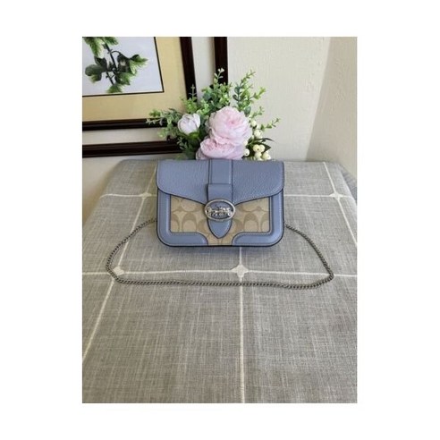 코치 조지 크로스바디 인 시그니처 캔버스 라이트 카키마블 블루 여성 레더