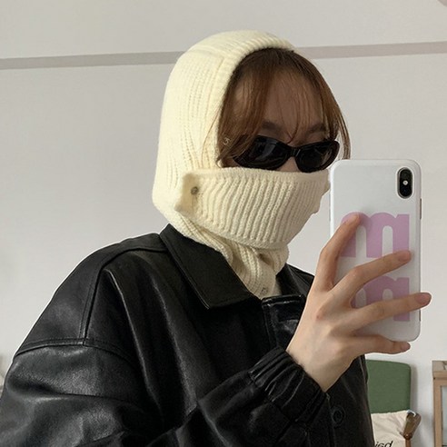 엘렌 니트 바라클라바 페이크 후드 넥워머 겨울 방한 발라클라바 모자, 아이보리