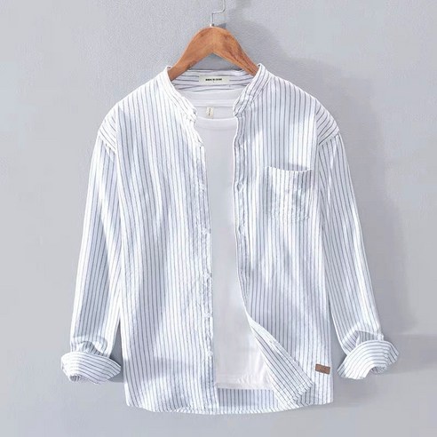 ANKRIC 봄과 여름 한국 줄무늬 남성 긴팔 셔츠 스탠드 칼라 크루 넥 캐주얼 인치 셔츠 얇은 조커 남성 조수 남성와이셔츠