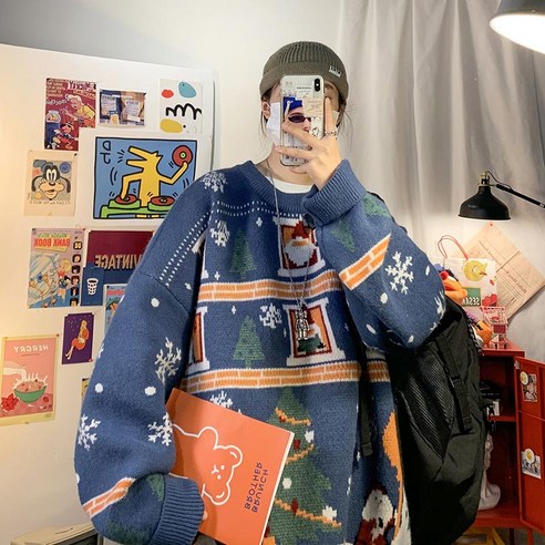크리스마스 라운드 넥 스웨터 남자 가을 겨울 레트로 루스 코트 두꺼운 유행 브랜드 Ins 겨울 게으른 스웨터
