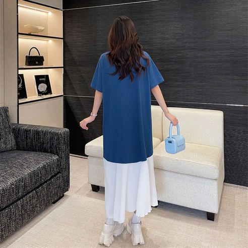 세련되고 편안한 여름 스타일을 위한 반팔 쉬폰 배색 빅사이즈 원피스