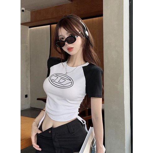 빈티지 배색 반팔 티셔츠 여 여름 핫멜로우 슬림핏 숏기장 스트링 탑