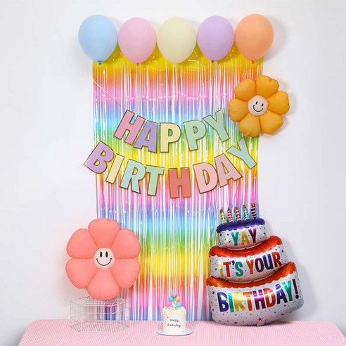[피앤비유니티]스마일데이지 풍선스탠드 생일장식커튼세트 펌프포함, 1세트, 01)기본형A마카롱커튼세트
