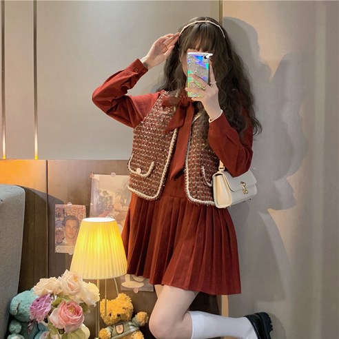 KORELAN 크리스마스 새해 빨간 드레스 여성 봄과 가을 새로운 달콤한 바람 활 온도 주름 치마