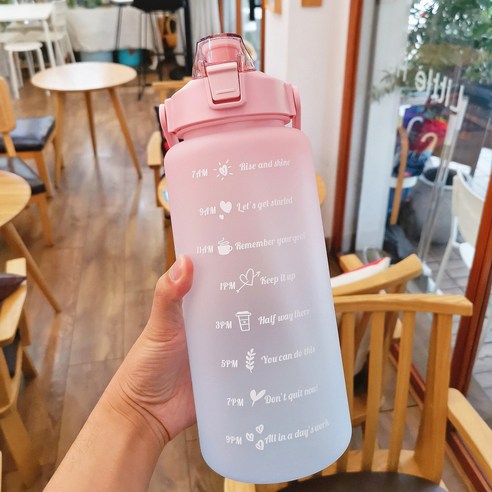 2L Large-capacity Motivational Water Bottle with Time Marker Leakproof Sports Water Bottle BPA Free, 하나, Pink
