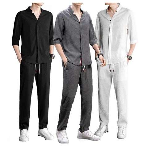 ANYOU 남성용 린넨세트 홈위어 반팔 바지 상하의 세트 여름 시원한 카라 트레이닝복 세트옷