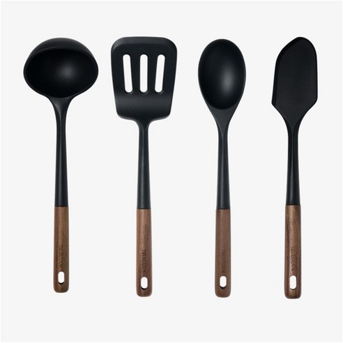 트루쿡 북미산 월넛 실리콘 조리도구 4종 세트, 1개, 블랙, 국자 + 뒤집개 + 서빙스푼 + 스패츌라