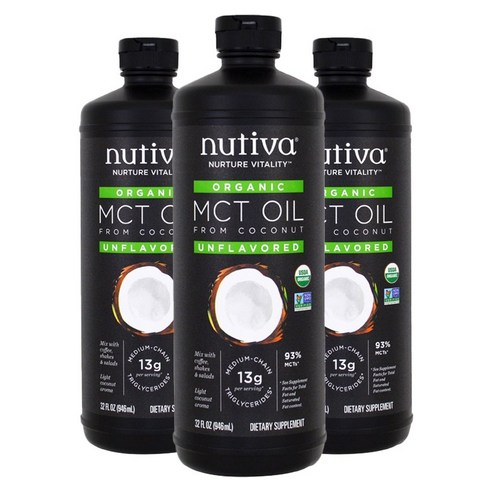 누티바 MCT 오일 언플레이버드 비건, 946ml, 3개