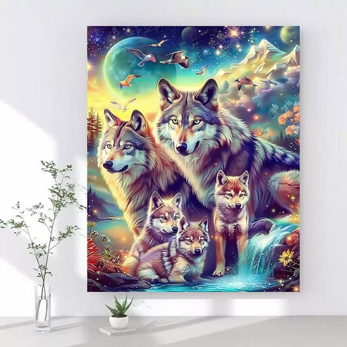 보석십자수 캔버스형 DIY 액자형 40x50cm 3D 대형 다이아몬드페인팅 그림 구슬십자수 행운 거실 인테리어 그림, 1개, 03 포근한 늑대들