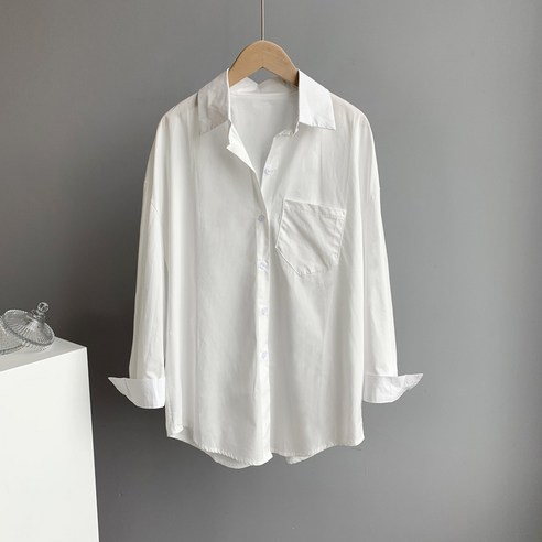 Mao 오렌지 Zhi 가을 새로운 느슨한 흰색 셔츠 여성 캐주얼 셔츠 단색 Bf 스타일 셔츠 코트