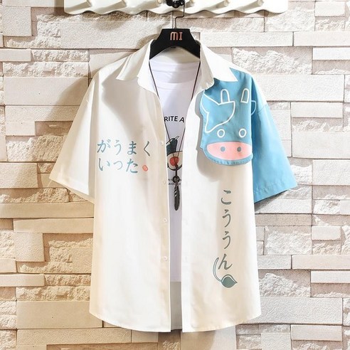 일본식 암소 셔츠 남성용 반팔 여름 얇은 느슨한 패션 브랜드 한국어 스타일 잘 생긴 바느질 셔츠 홍콩 홍콩 스타일