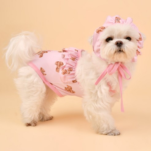 올치 강아지 물놀이 꼬마곰 수영복 모자 세트, 핑크