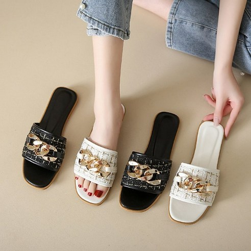 더구두 트위드 체인 스트랩 슬라이드 슬리퍼-6180