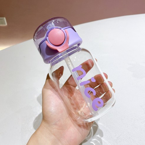 새로운 심플한 빨대 유리컵 고비주얼 귀여운 물컵 휴대형 고온 내구성학생 붕소 실리콘 컵, 자주색_400ml