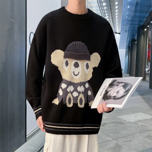 [ICE STONE] Men 힙합 니트 점퍼 스웨터 Cartoon Bear Print Streetwear 하라주쿠 가을 겨울 패션 캐주얼 루스 풀오버