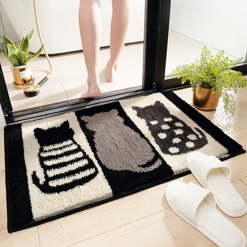 흡수성 바닥 매트 그물 레드 북유럽 카펫 욕조 미끄럼 방지 매트 화장실 문 발 매트, 흑백 고양이, 45*65cm