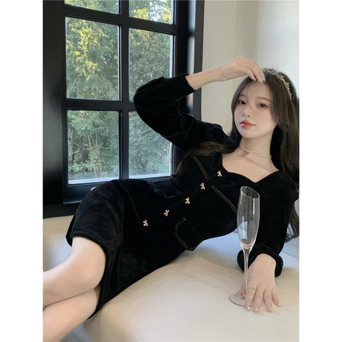 명원 헵번 쁘띠 블랙스커트 리본 코듀로이 원피스 추동넥 허리수렴 슬림 긴팔스커트 자녀