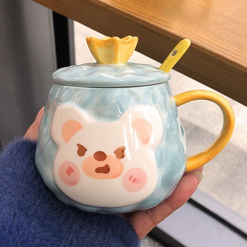 【커피잔】공간 곰 세라믹 컵 뚜껑 귀여운 물 컵 커플 귀리 커피 컵 사무실 크리 에이 티브, 양각 손으로 그린 곰/블루_단일 컵/뚜껑