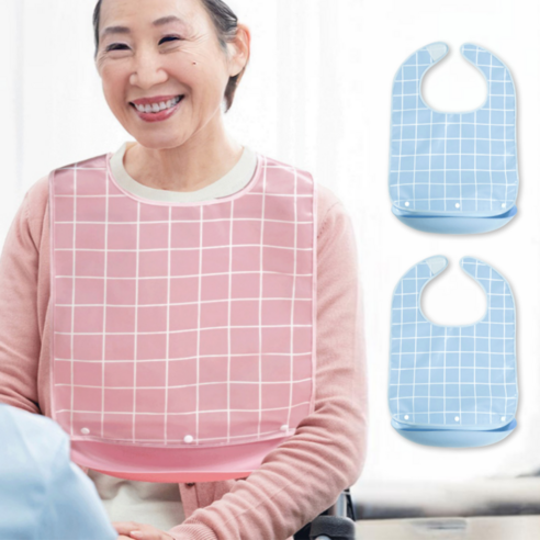 성인용 체크 방수 턱받이 벨크로형, 2개, 블루+블루