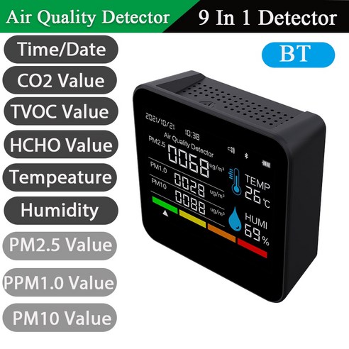 가스감지기 일산화탄소감지기 가스경보기 가스누설경보기 일산화탄소 BT 공 모니터 CO2 측정기 이산화탄소 감지기 시간 날짜 TVOC HCHO PM25 PM10 온도 습도 테스터 9, 블랙 co2소화기점검카드 Best Top5