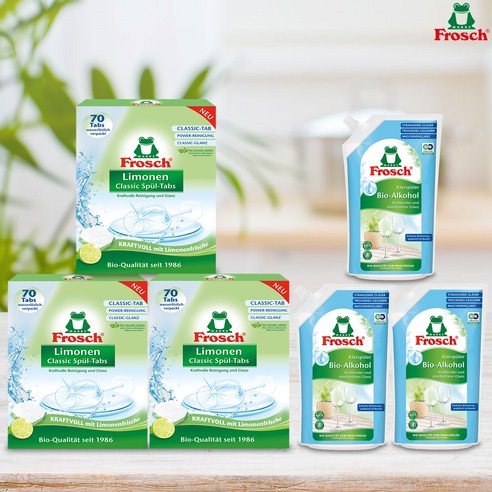 프로쉬 독일 식기세척기세제 그린레몬 클래식 70개입 3개 + 프로쉬 헹굼보조용 린스 750ml 3개, 상세페이지 참조, 상세페이지 참조