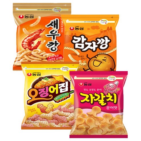 농심 대용량 지퍼백 4봉(새우깡1+감자깡1+빅오징어집1+빅자갈치1) 무배, 4개