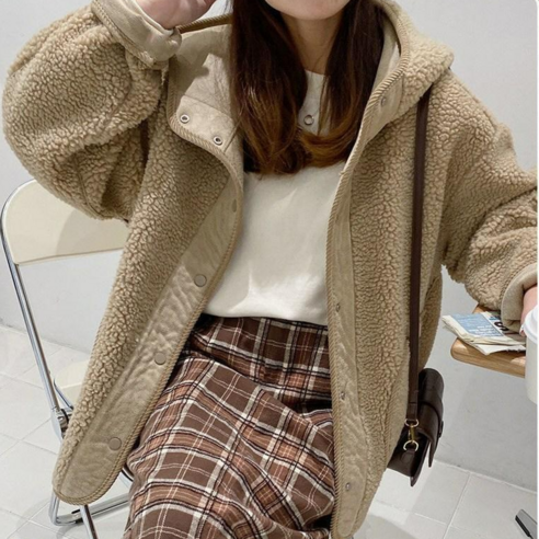 ANYOU 여성 겨울 오버핏 양털후드 캐주얼 집업 양털후리스 후아유시그니처패치후드집업 Best Top5