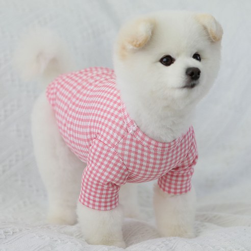 럭키페터 깅엄체크 강아지 옷 소형견 대형견 티셔츠 실내복 강아지 내복, 핑크