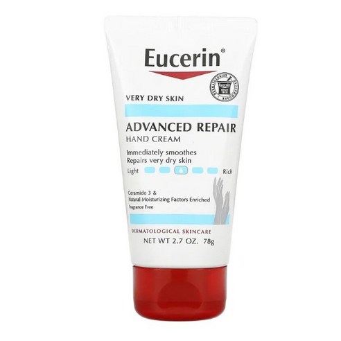 Eucerin 어드밴스드 리페어 핸드 크림은 피부과 전문의 추천 제품으로 매우 건조하고 가려우며 거칠고 튼 피부를 회복하고 보습 효과를 제공하는 핸드 크림입니다.