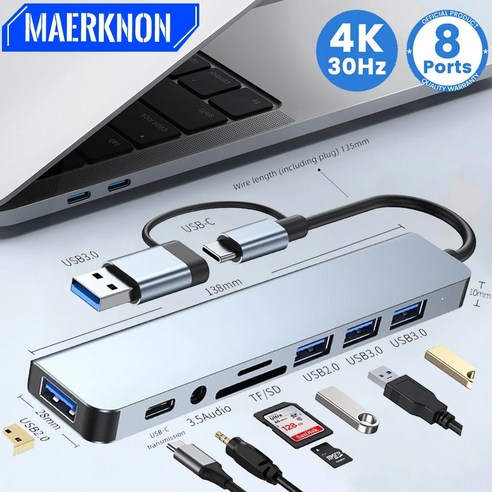 노트북 컴퓨터 PC USB 멀티 허브 포트 분배기 C 도킹 스테이션 다중 모니터 어댑터 4K HDMI PD SD TF 비디오 카드 맥북 호환 레노버 등, [02] C 타입 5 in 1