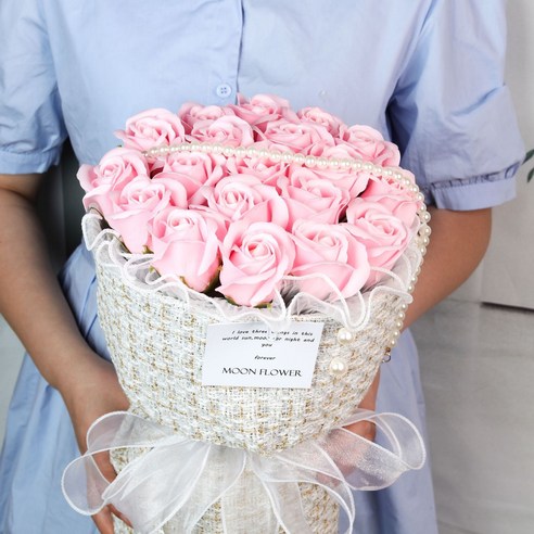 [ 아르띠콜로 led 진주 비누 꽃다발+카드+투명 쇼핑백 ] 특별한 선물 핑크 조화 여자친구 꽃 기념일 생일 졸업 발렌타인, 아이샤로즈11송이