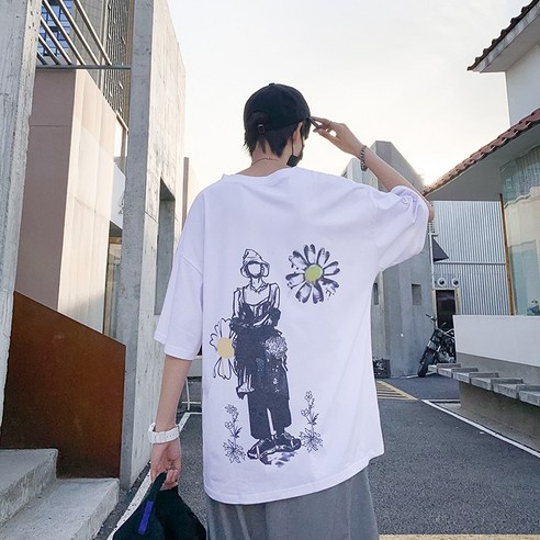 DFMEI 스타일 프린트 와 여자의 유행 브랜드 힙합 느슨한 일곱 분 소매 탑 티셔츠