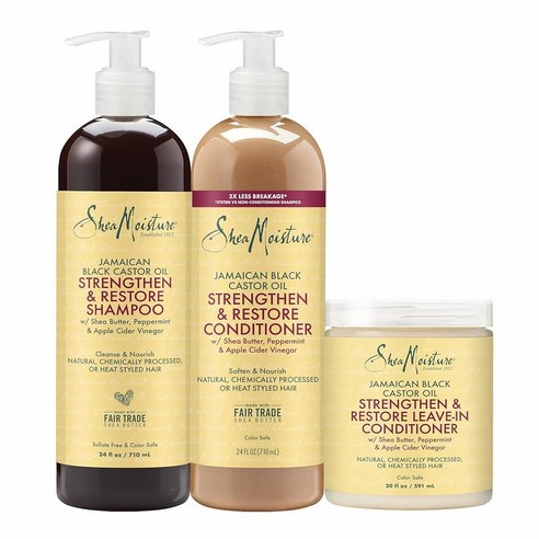 SheaMoisture Strengthen & Restore 샴푸 컨디셔너 및 리브인 번들 자메이카 블랙 캐스터 오일 3팩 건조하고 손상된 모발을 클렌징하고 영양을 공급합니다 미국