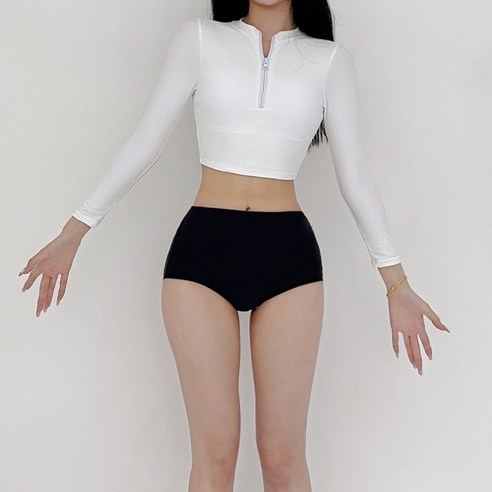 에리페 여성용 하프 지퍼 긴팔 래쉬가드 투피스 수영복, 화이트