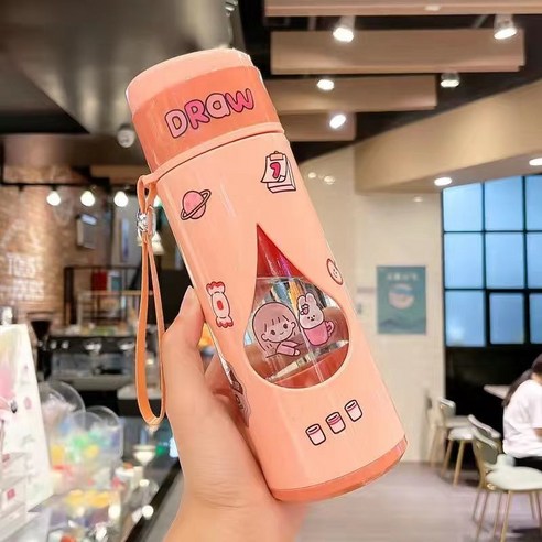 뚜껑이 있는 대용량 이중 유리 물컵으로 편리한 컵 인 고부가가치 사무용, 물방울 핑크 480ml, 싱글 컵 + 핸들 + 만화 스티커