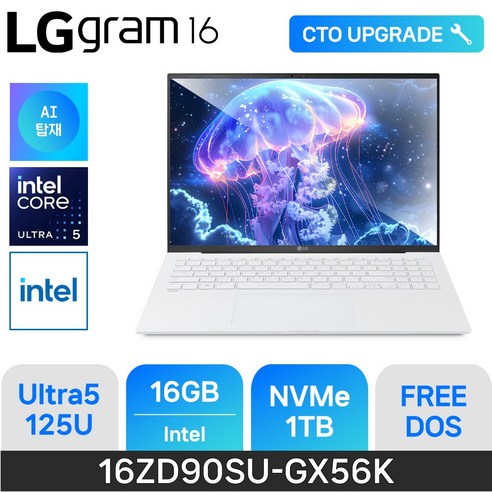 [당일출고] LG전자 2024 그램16 16ZD90SU-GX56K - 최신형 가성비 업무용 노트북, Free DOS, 16GB, 1TB, 스노우 화이트