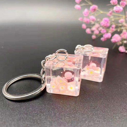 아이디어 모방 정사각형 과일 칩 열쇠고리 가방 자동차 열쇠고리 걸개 밀크티 가게 작은 선물 수제, 핑크/핑크