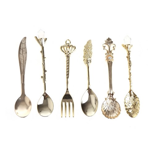 6x 빈티지 로얄 스타일 커피 숟가락 포크 아이스크림 디저트 스쿠프 Flatware 숟가락, 금