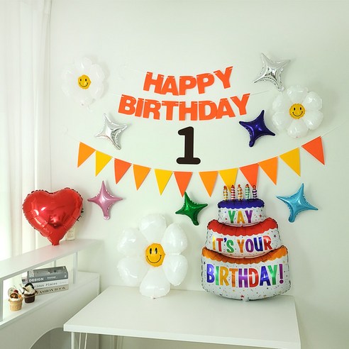 상큼화사 오렌지 펠트 생일가랜드 숫자펠트 전체 호일풍선 구성 생일파티용품 세트, 1세트, 숫자1번