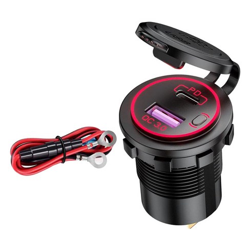 QC3.0 PD 충전기 소켓 LED 전압계 빠른 전원 배달 듀얼 포트 자동차 보트 해양 오토바이 빠른 배달 3.0, 레드 케이블, 50x37x29mm, ABS 플라스틱
