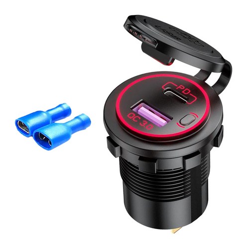 QC3.0 PD 충전기 소켓 LED 전압계 빠른 전원 배달 듀얼 포트 자동차 보트 해양 오토바이 빠른 배달 3.0, 빨간색 터미널, 50x37x29mm, ABS 플라스틱