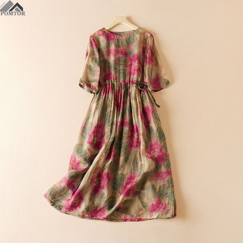 POMTOR 여름 원피스 조임 5부소매 엄마옷 미디원피스 라운드넷 플라워 롱원피스