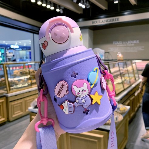 ZZJJC 캐릭터 텀블러 여고 비주얼 아이디어 소변 휴대 빨대 텀블러 홀컵, 바이올렛 500ml 송치 브러쉬2, 상규격