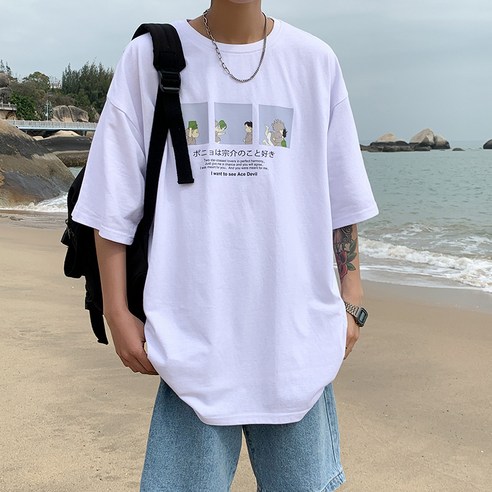 DFMEI 남성 반팔 티셔츠 여름 일본 인쇄 다목적 캐주얼 티셔츠 한국식 트렌디 느슨한 일곱 분 소매 탑