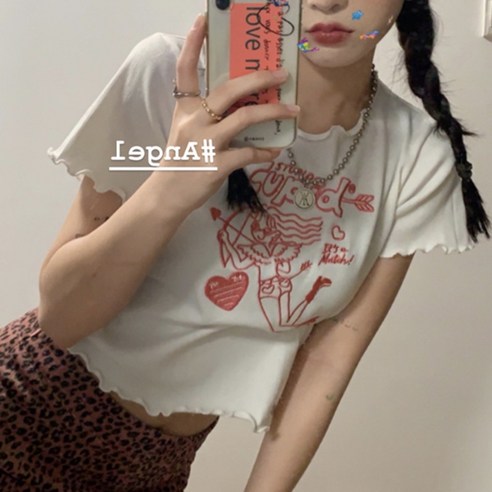 KORELAN 흰색 반팔 티셔츠 여자 배꼽 짧은 자수 저고리 패션 여성복