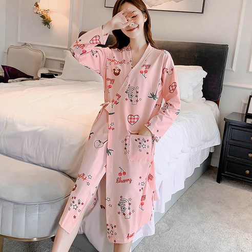 DFMEI-Y 기모노 잠옷 여성 여름 반팔 Nightdress 목욕 가운 느슨한 대형 잠옷 여성 봄과 가을 중간 길이 가운, DFMEI 핑크 긴팔 소녀, S 사이즈 (80-95 Jin 권장)