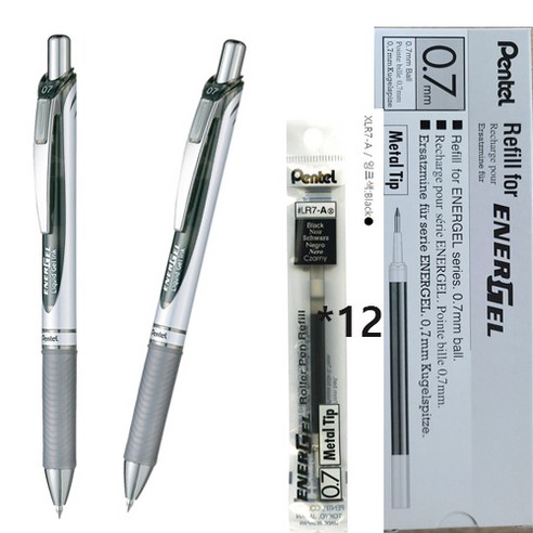 Pentel 에너겔 노크식 볼펜 0.5/0.7mm 리필 세트, 0.7mm 흑색2개+리필 흑색12개 세트 
필기류