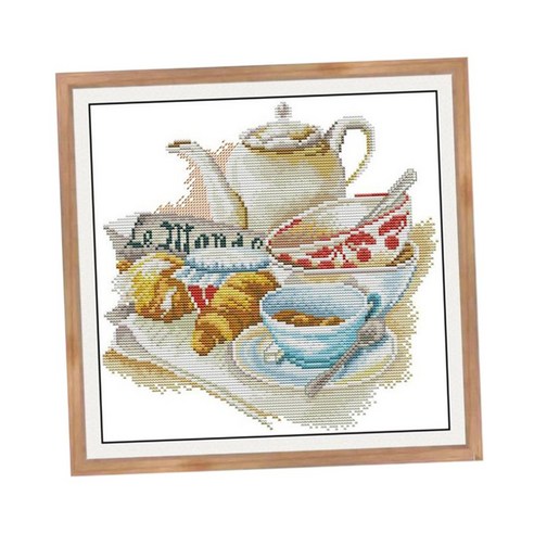FCSHOP Stamped &amp; Counted Cross Stitch Kits-차 세트 커피 컵 패턴, 29X29cm 14CT, 코튼, 다색