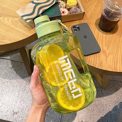 DFMEI 휴대용 대용량 플라스틱 컵 톤톤통 스포츠 주전자 헬스장 물컵 아웃도어 컵 눈금 2200ML, DFMEI 청초록