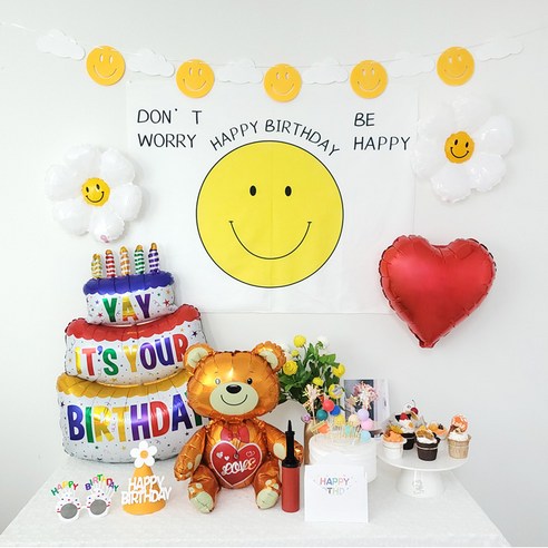 GAM 스마일 생일포스터 데이지 하트풍선 3단케익 곰돌이 호일풍선 생일파티용품 세트 생일꼬깔 생일안경 생일카드 공기주입기, 스마일 생일포스터 파티용품세트